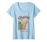 Women's Iced Coffee Chill Out Coffee Bliss Cafe Retro Cartoon V-Neck T-Shirt