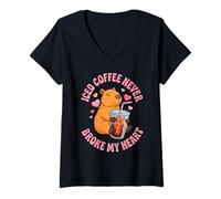 Women's Iced Coffee Never Broke My Heart Capybara V-Neck T-Shirt
