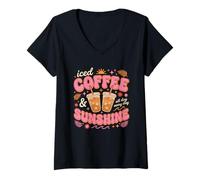 Women's Iced Coffee Sunshine Retro Summer Iced Coffee & Sunshine V-Neck T-Shirt