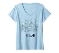 Womens Iceland Aurora Borealis Line Art Drawing Vacation Souvenir V-Neck T-Shirt