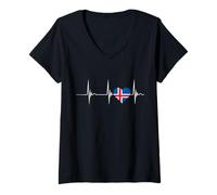 Women's Iceland Flag Heartbeat EKG Pulse Heart Icelandic Pride V-Neck T-Shirt