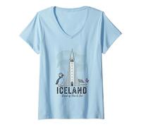 Womens Iceland Hallgrimskirkja Puffin Aurora Borealis V-Neck T-Shirt