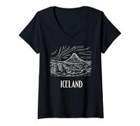 Womens Iceland Retro Art Hiking Aurora Borealis Souvenir V-Neck T-Shirt