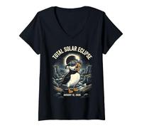 Women's Iceland Total Solar Eclipse Puffin August 12 2026 Design V-Neck T-Shirt