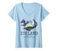 Womens Icelandic Map Fire Ice Northern Lights Icelandic Souvenir V-Neck T-Shirt