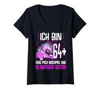 Womens Ich bin 64+ Ladies 65th Birthday Funny 65th Anniversary Unicorn V-Neck T-Shirt
