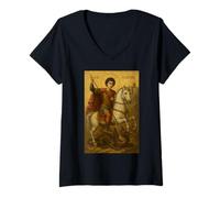 Womens Icon of Saint George Riding His Horse and Slaying The Beast V-Neck T-Shirt