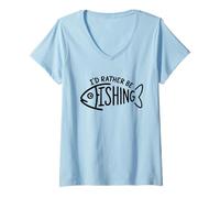Womens I'd Rather Be Fishing Funny Fishing Quote Graphic V-Neck T-Shirt