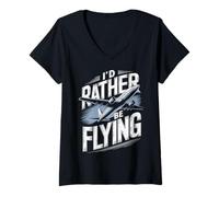 Women's I'd Rather Be Flying Airplane Pilot Aviator Navigator V-Neck T-Shirt