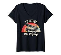 Womens I'd Rather Be Flying Retro Plane Passion V-Neck T-Shirt