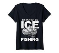 Women's I'd Rather Be Ice Fishing Ice Hole Ice Fisherman V-Neck T-Shirt