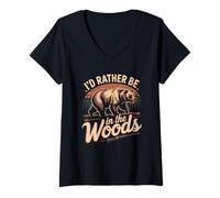Women's I'd Rather Be in The Woods Bear Hunting Camp V-Neck T-Shirt