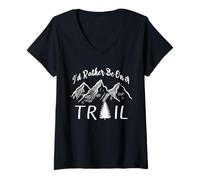 Women's I'd Rather Be On Trail Hiking Mountain Hiker Nature Outdoor V-Neck T-Shirt