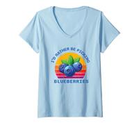 Womens I'd Rather Be Picking Blueberries Summer Blueberry Picking V-Neck T-Shirt