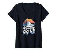 Women's Id Rather Be Skiing Funny Ski Mountain Sunset V-Neck T-Shirt