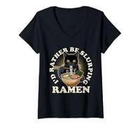 Women's I'd Rather Be Slurping Ramen Black Cat Noodles Anime Humor V-Neck T-Shirt