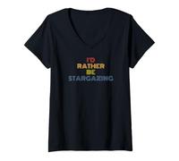 Women's I'd Rather Be Stargazing Funny Alien Pun UFO Fan Retro V-Neck T-Shirt