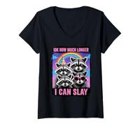 Women's IDK How Much Longer I Can Slay Raccoon Rainbow Trash Panda V-Neck T-Shirt