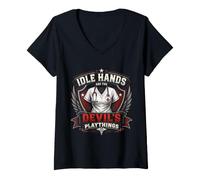 Women's Idle Hands are The Devil's Playthings Vintage Nurse Crest V-Neck T-Shirt