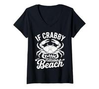 Womens If Crabby Please Return to Beach Graphic Summer Vacation V-Neck T-Shirt