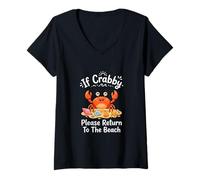 Women's If Crabby Please Return to The Beach Funny Crab Pun Summer V-Neck T-Shirt