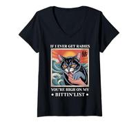 Womens If I Ever Get Rabies Vintage Japanese Angry Hissing Cat V-Neck T-Shirt