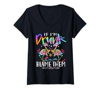Womens If I'm Drunk Blame Them Drink Friend Flamingo Floral Tie Dye V-Neck T-Shirt