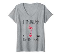 Womens If I'm Drunk It's Her Fault Wine Flamingo Matching Couples V-Neck T-Shirt