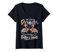Womens If I'm Drunk It's my Bestie's Fault Flamingo Floral Tie Dye V-Neck T-Shirt