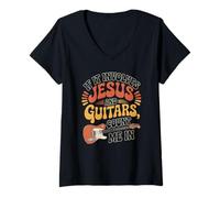 Women's If It Involves Jesus and Guitars Count Me in Retro Worship V-Neck T-Shirt