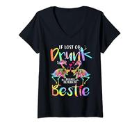 Womens If Lost Or Drunk Please Return to Bestie Flamingo Tie Dye V-Neck T-Shirt