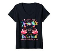 Womens If we get in Trouble It's My Bestie's Fault Flamingo tie dye V-Neck T-Shirt