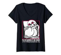 Womens I'll Be Damned If I Die Sober Japanese FUNNY Skeleton V-Neck T-Shirt