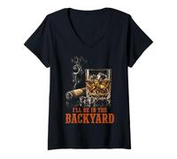 Women's I'll Be in The Backyard Funny Cigar Bourbon Whiskey Lover V-Neck T-Shirt