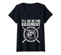 Women's I'll Be in The Basement Distressed Drummer Kit Retro Graphic V-Neck T-Shirt