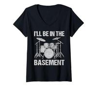 Womens I'll Be in The Basement Drum Set Lover Drummers Men Drumming V-Neck T-Shirt