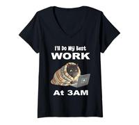 Women's I'll Do My Best Work At 3AM Funny Night Owl Black Cat Laptop V-Neck T-Shirt