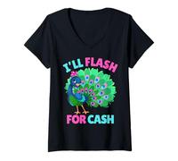 Womens I'll Flash for Cash Funny Rude Peacock Animal Lover V-Neck T-Shirt