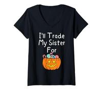 Womens I'll Trade My Sister for Candy Siblings Halloween Pumpkin V-Neck T-Shirt