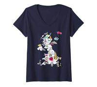 Womens Illustrated map of UK, flag, landmarks, the major cities V-Neck T-Shirt