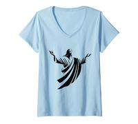 Womens Illustration of Jesus Christ Shadow with Open Arms V-Neck T-Shirt