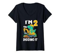 Women's I'm 2 and Digging It 2Nd Birthday Cute Dinosaur Construction V-Neck T-Shirt