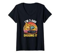 Womens IM 3 and Digging IT Excavator Third Birthday V-Neck T-Shirt