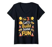 Womens I'm 3 Let's Build Fun Excavator 3rd Construction Birthday V-Neck T-Shirt