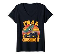 Womens I'm 4 & Crushing It Dinosaur Monster Truck V-Neck T-Shirt