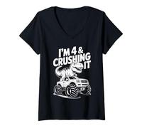 Womens I'm 4 & Crushing It Dinosaur Monster Truck V-Neck T-Shirt