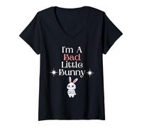 Women's I'm A Bad Little Bunny Funny Rabbit Hare Hiding Game Easter V-Neck T-Shirt