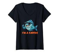 Women's I'm a Catch! - Fun Fish Illustration Marine Aquatic Life V-Neck T-Shirt