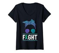 Womens I'm a Fighter Anal Cancer Awareness Flower Teal Purple V-Neck T-Shirt