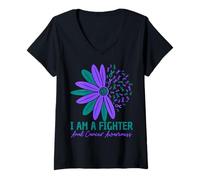 Womens I'm a Fighter Anal Cancer Awareness Flower Teal Purple V-Neck T-Shirt